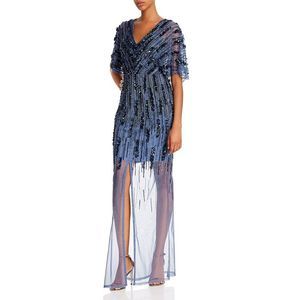Aidan Mattox Womens Blue Beaded Illusion Full-Length Evening Dress Gown
